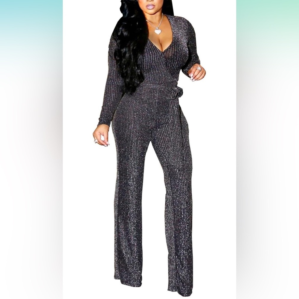 Black Glittery Jumpsuit with Plunging V-Neck and Wide-Leg Pants